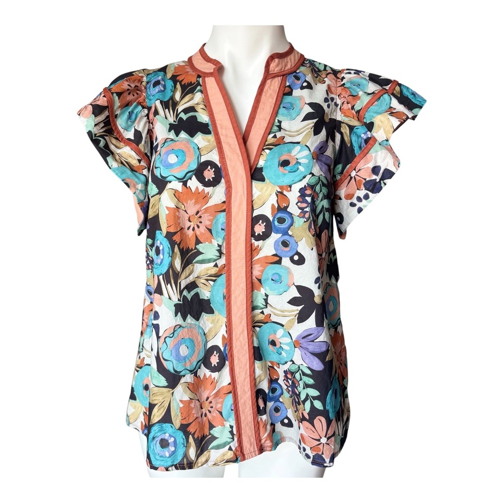 Entro Women's Size Small Floral Frenzy Ruffle Contrast Trim V Neck Boho Chic Top